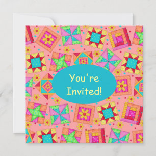 Coral Orange Yellow Patchwork Quilt Block Art Invitation