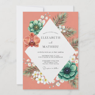 Coral Orchid Succulent Wedding Invitation