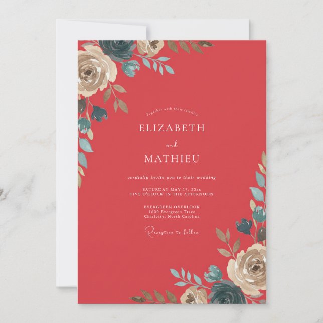 Coral Painted Foliage Wedding Invitation (Front)