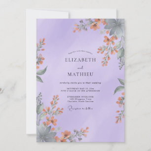 Coral Pale Lilac Wildflower Wedding Invitation
