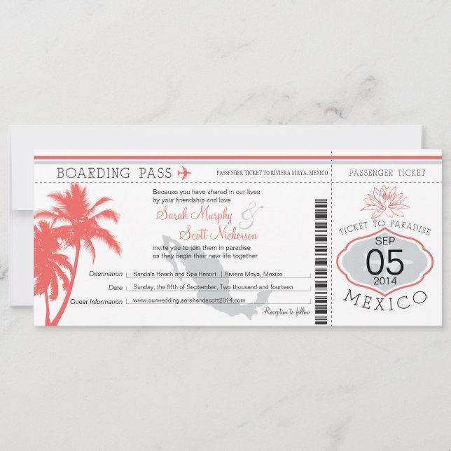 Coral Palm Tree Mexico Boarding Pass Wedding Invitation (Front)