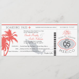 Coral Palm Tree Mexico Boarding Pass Wedding Invitation