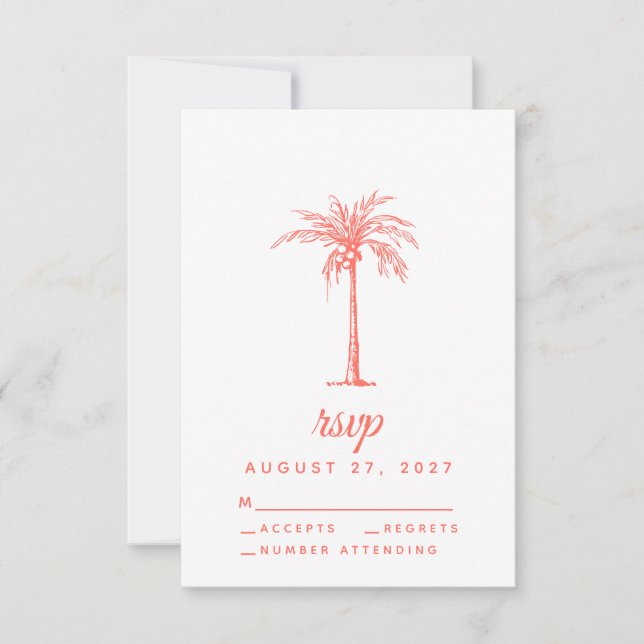 Coral Palm Tree Tropical Beach Wedding RSVP Card (Front)