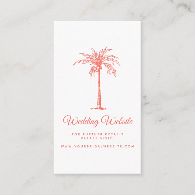 Coral Palm Tree Tropical Beach Wedding Website Enclosure Card (Front)