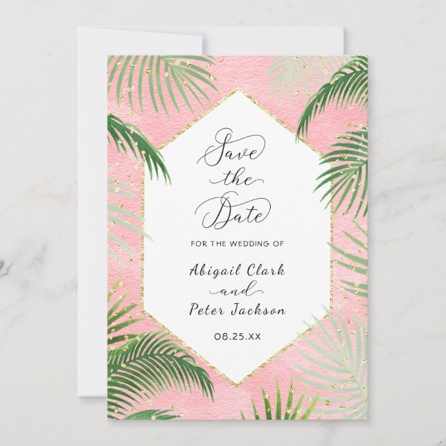 Coral Palms Tropical Botanical Gold Foil Save The Date (Front)