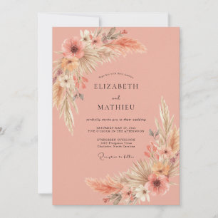Coral Pampas Eucalyptus Wedding Invitation
