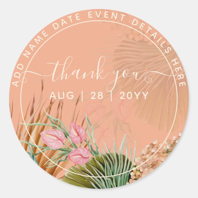 Coral Pampas Grass Thank You Favour Classic Round  Classic Round Sticker (Front)