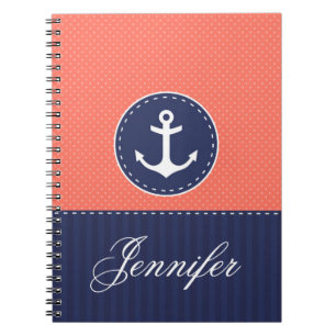 Coral Pattern Blue Anchor Personalized Name Notebook
