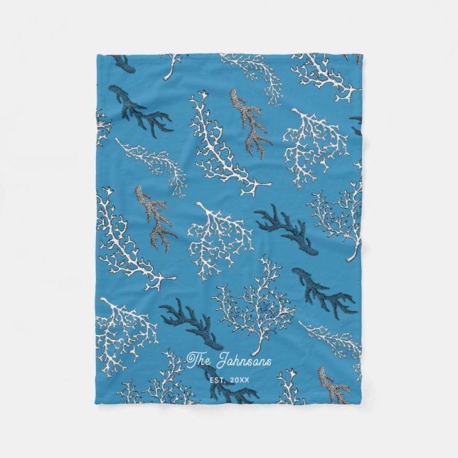 Coral Pattern Blue Coastal Beach House Fleece Blanket (Front)