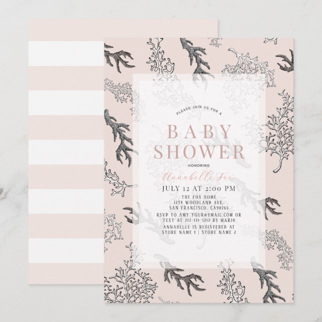 Coral Pattern Light Pink Girl Baby Shower Invitation (Front/Back)