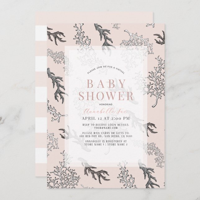 Coral Pattern Light Pink Girl Virtual Baby Shower Invitation (Front/Back)