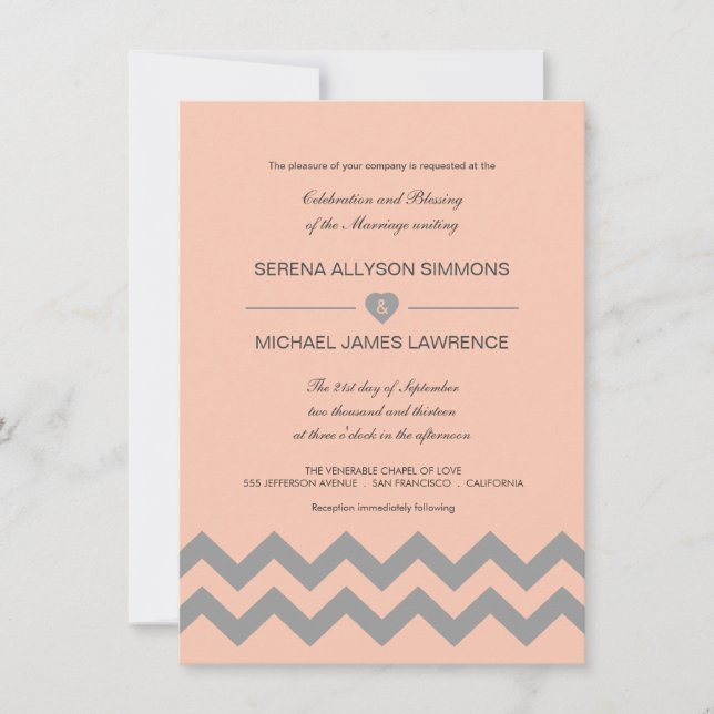 Coral Peach and Grey Chevron Wedding Invitations (Front)