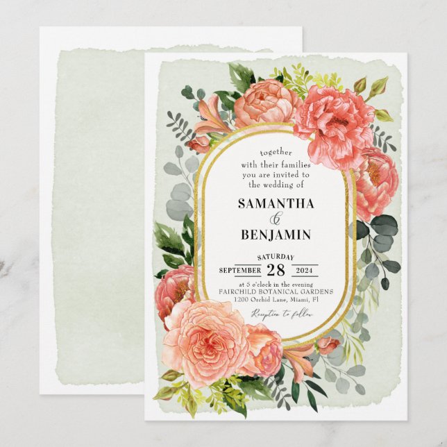 Coral Peach Blush Floral Gold Modern Wedding  Invitation (Front/Back)