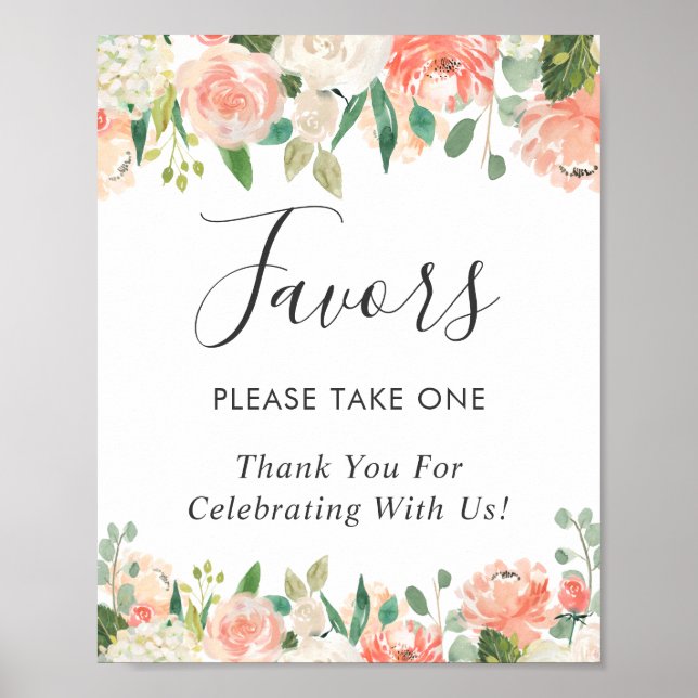 Coral Peach Blush Floral Wedding Favours Sign (Front)