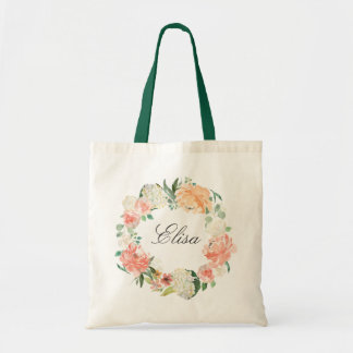 Coral Peach Blush Floral Wreath Bridesmaid Tote Ba Bag
