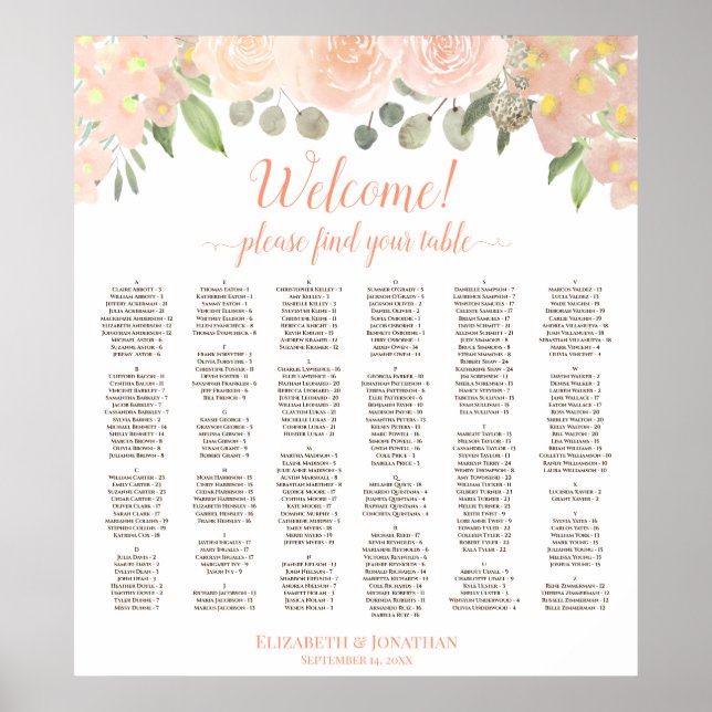 Coral Peach Boho Floral Alphabetical Seating Chart (Front)