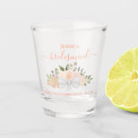 Coral Peach Boho Floral Elegant Bridesmaid Wedding Shot Glass<br><div class="desc">These beautiful shot glasses are a fun and thoughtful way to thank your wedding bridesmaids. They feature a beautiful boho chic design with elegant script lettering and a cluster of hand painted watercolor roses, blossoms, eucalyptus leaves and greenery in shades of coral, peach, and light orange. The caption reads: Bridesmaid,...</div>