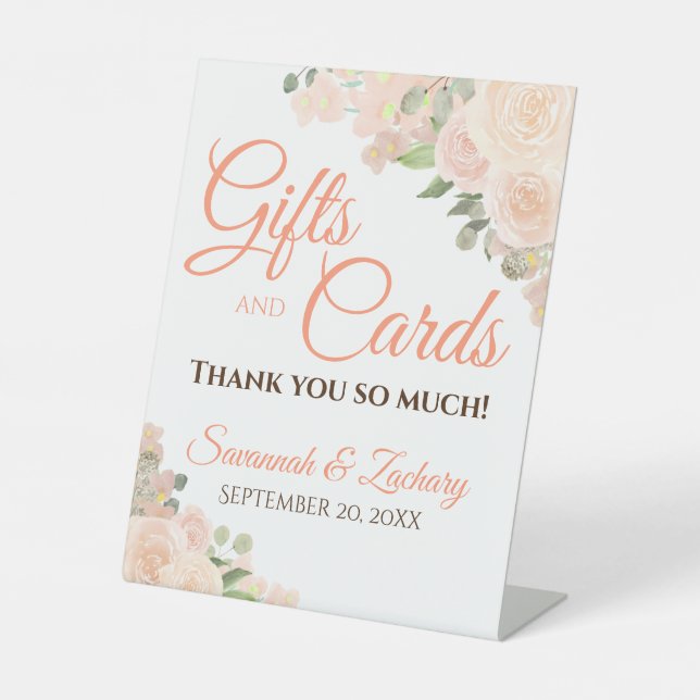 Coral Peach Boho Floral Wedding Gifts & Cards Pedestal Sign (Front)