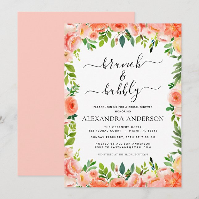 Coral Peach Brunch & Bubbly Bridal Shower Invitation (Front/Back)