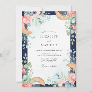 Coral Peach Citrus Eucalyptus Wedding Invitation