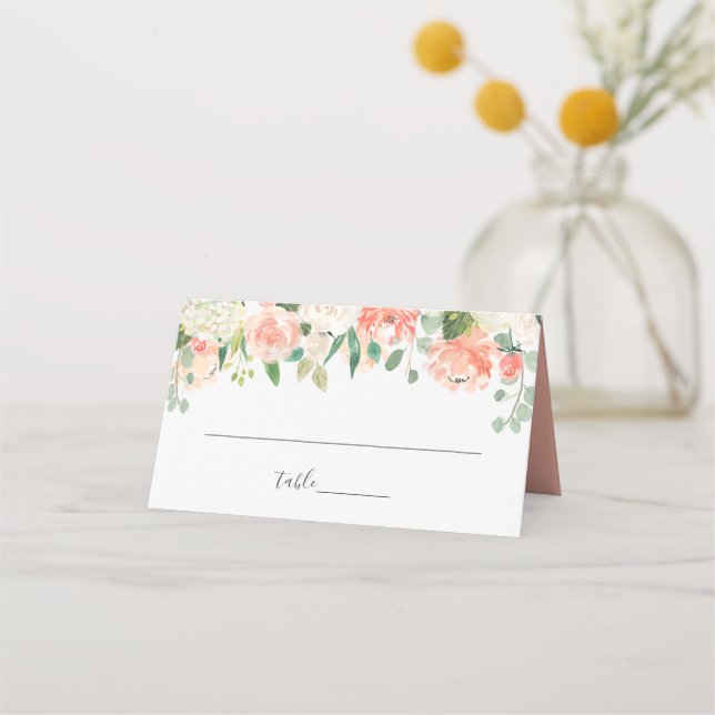 Coral Peach Cream Garden Floral Wedding Place Card (Front)