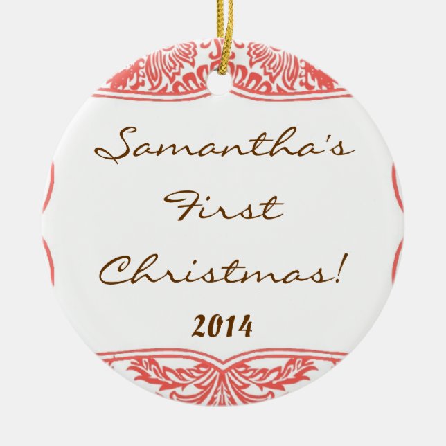 Coral Peach Damask Lace Personalized Name Ornament (Front)