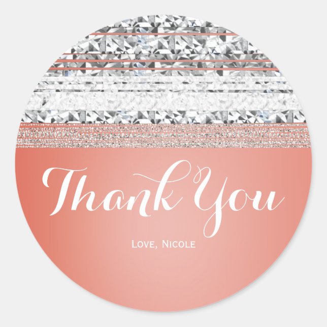 Coral Peach Dipped Chic Silver Bling Party Favour Classic Round Sticker (Front)