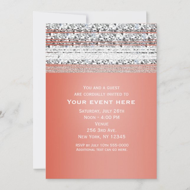 Coral Peach Dipped Silver Bling Party Invitations (Front)