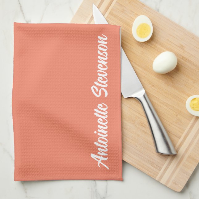Coral Peach Elegant Signature Monogram Kitchen Towel (Quarter Fold)