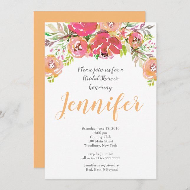 Coral & Peach floral Bridal Shower Invitation (Front/Back)