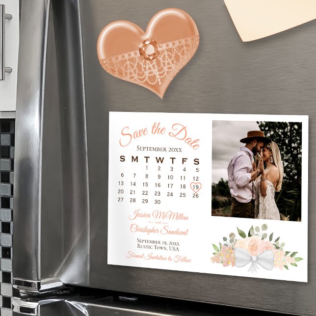 Coral Peach Floral Calendar & Photo Save the Date Magnetic Invitation (Magnetic for Easy display!)