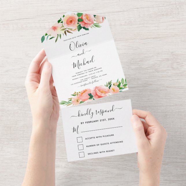 Coral Peach Floral Flowers Wedding RSVP All In One Invitation (Tearaway)
