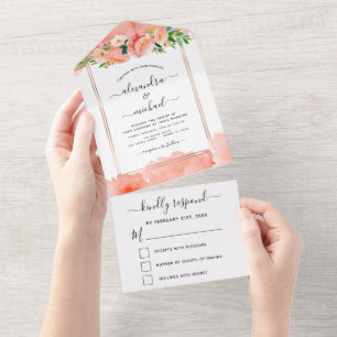 Coral Peach Floral Flowers Wedding RSVP  All In One Invitation