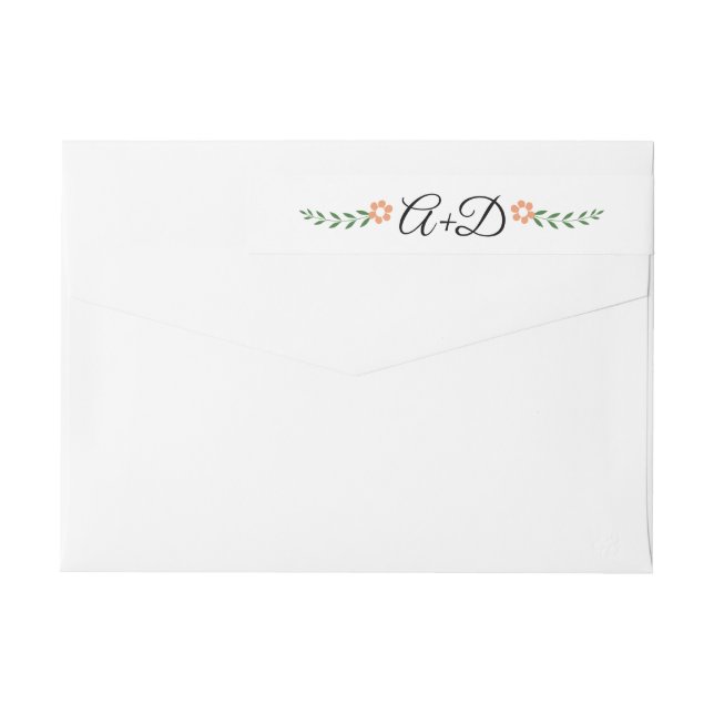 Coral peach flowers and initials wedding wrap around label (Back)