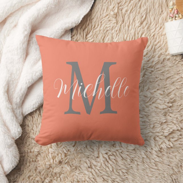Coral Peach Girly  Monogram and Name  Throw Pillow (Blanket)