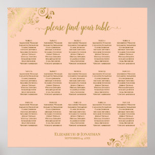 Coral Peach & Gold 15 Table Wedding Seating Chart