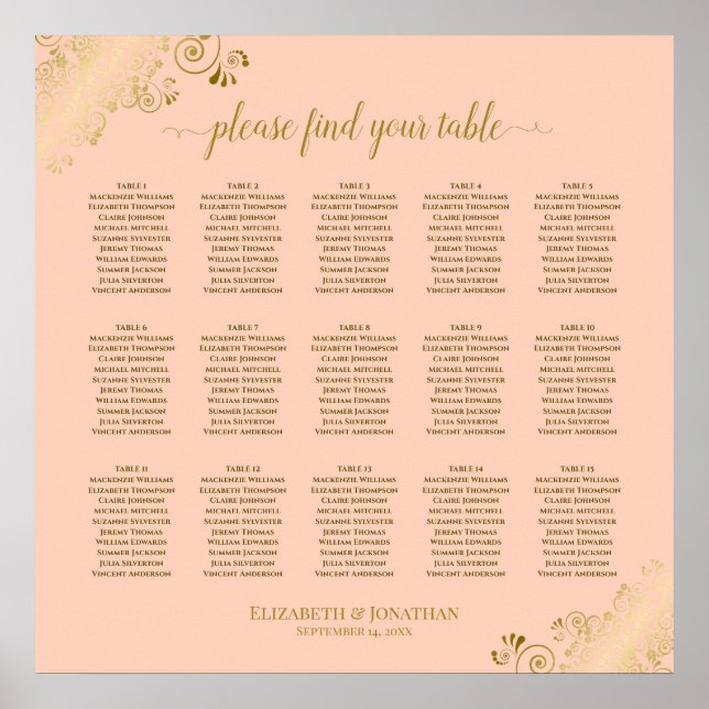 Coral Peach & Gold 15 Table Wedding Seating Chart (Front)