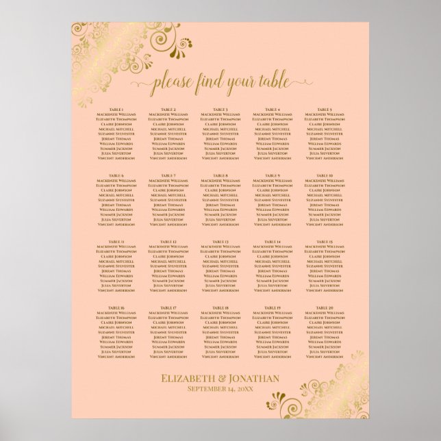 Coral Peach & Gold 20 Table Wedding Seating Chart (Front)