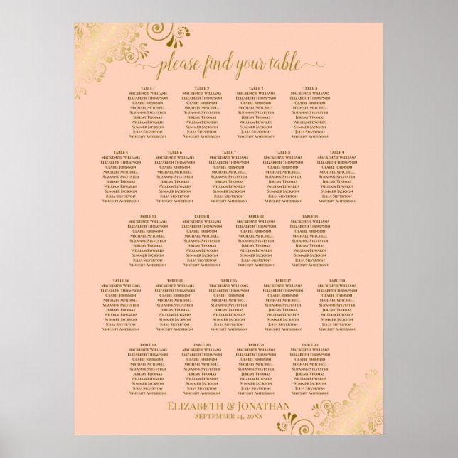 Coral Peach & Gold 22 Table Wedding Seating Chart (Front)