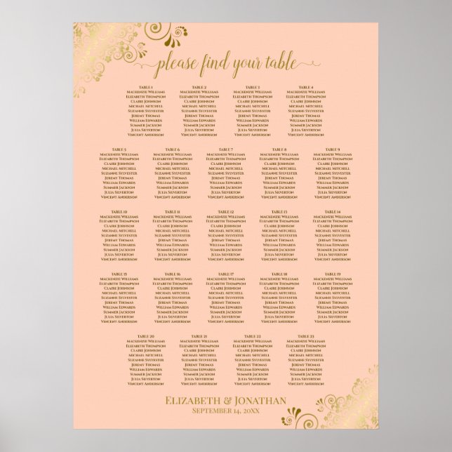 Coral Peach & Gold 23 Table Wedding Seating Chart (Front)