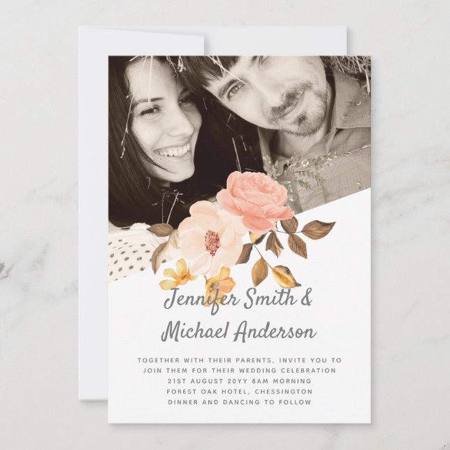 Coral Peach Gold Bronze Floral Wedding Invitations (Devant)