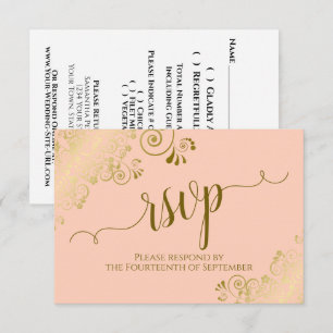Coral Peach Gold Lace Elegant Calligraphy Wedding RSVP Card