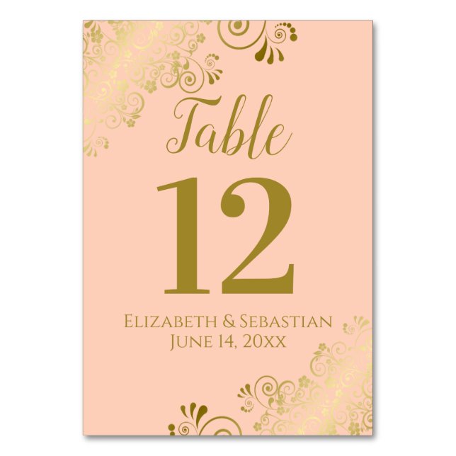 Coral Peach & Gold Lace Elegant Frilly Wedding Table Number (Front)