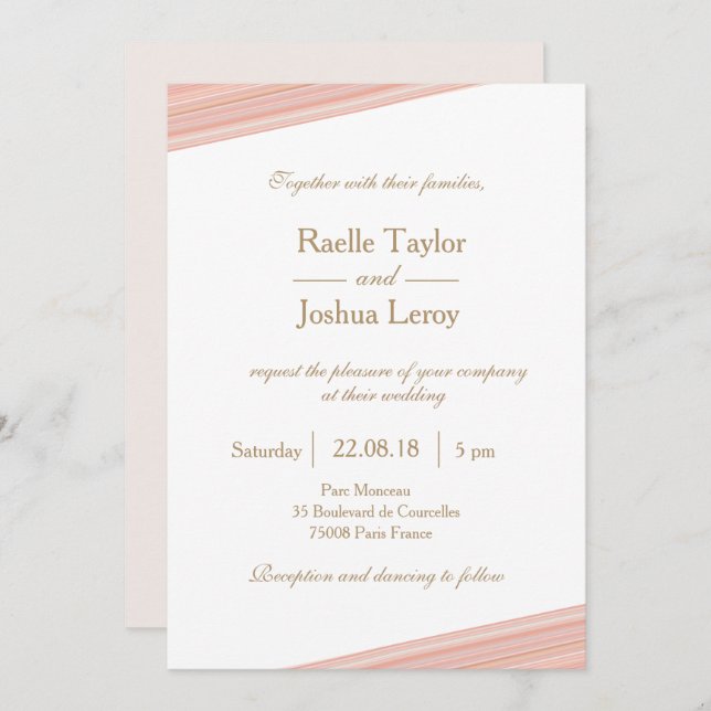 Coral peach gold white subtle stripes wedding invitation (Front/Back)