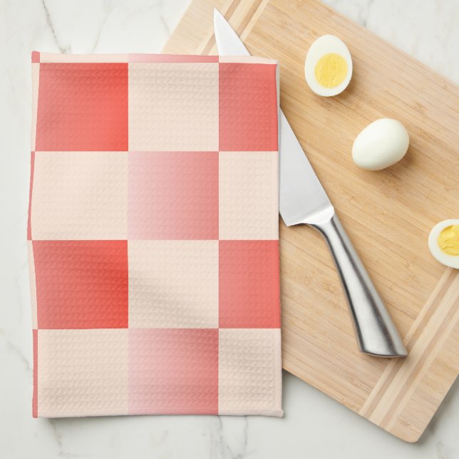Coral Peach Gradient Chequered Kitchen Towel (Quarter Fold)