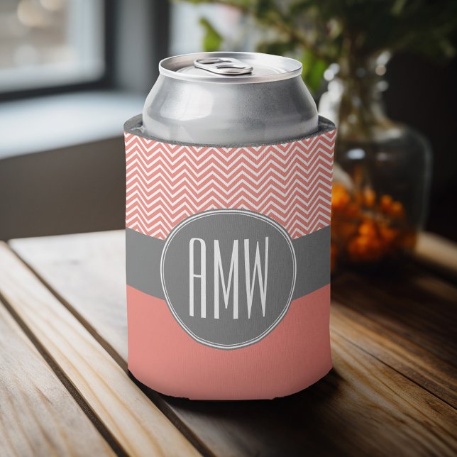 Coral Peach Grey Chevrons Custom Triple Monogram Can Cooler (Celebrate with a personalized can cooler - add your name or monogram. Great party favor or gift)
