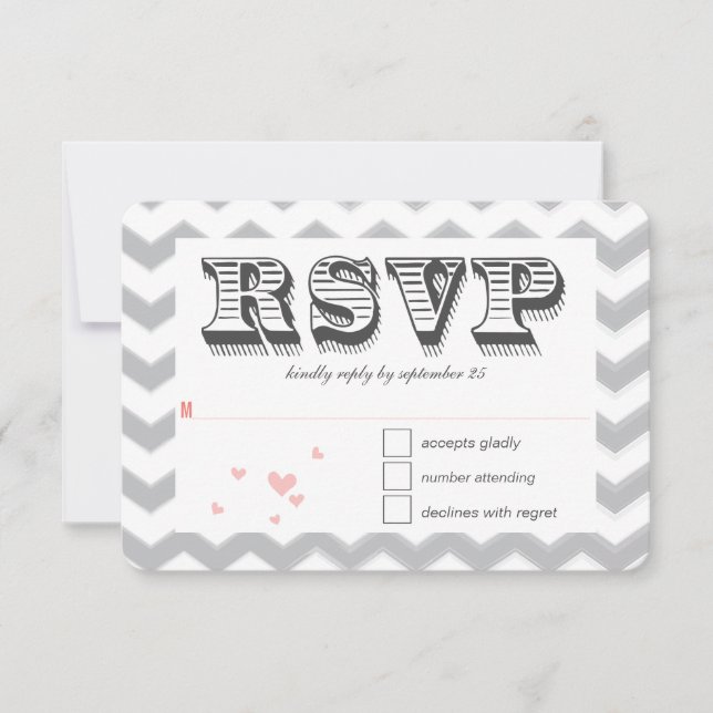 Coral Peach Grey Zig Zag Typography Wedding RSVP Invitation (Front)