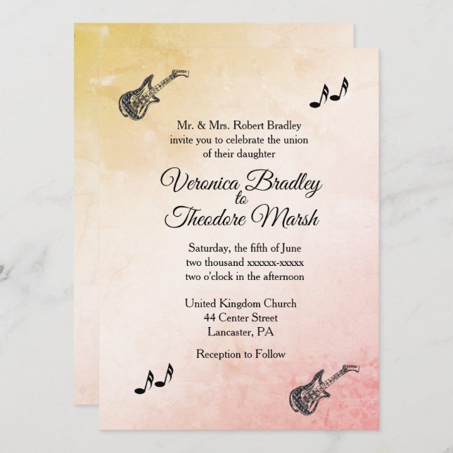 Coral Peach Guitar Theme Wedding Invitation   (Front/Back)