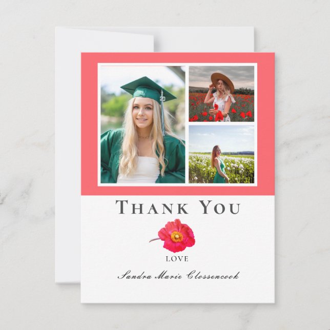Coral peach Modern Floral Photo Collage Graduation Thank You Card (Front)
