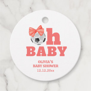 Coral Peach Oh Baby Bow Soccer Sport Baby Shower Favour Tags